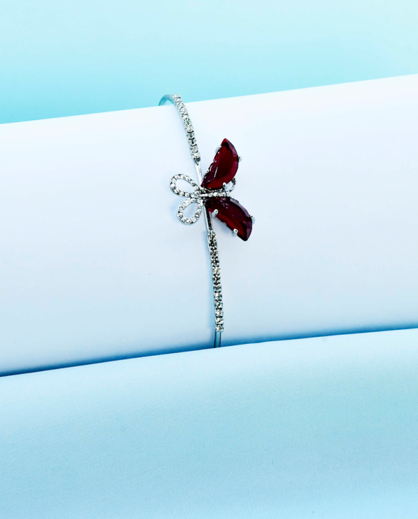 Butterfly Silver Bangle-Maroon Red