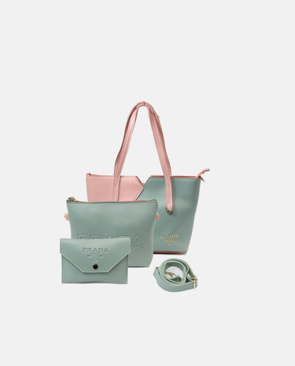3 Piece Tote Handbags set-Pink Green