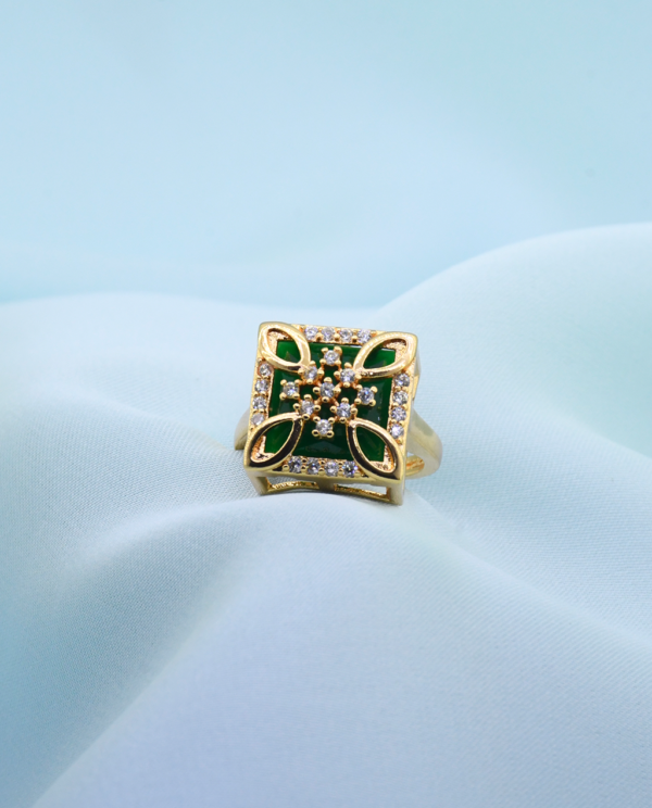 Glod Plated Square Royal Crystal Ring-Green