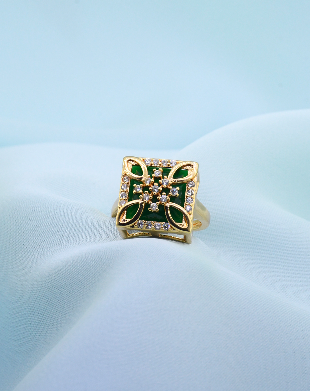 Glod Plated Square Royal Crystal Ring-Green
