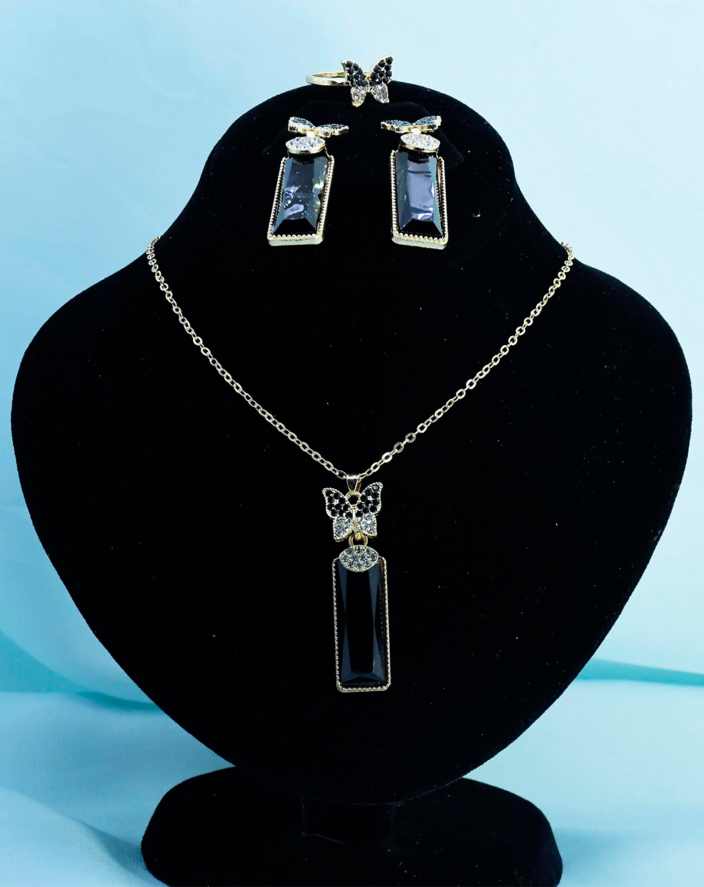 Gold Plated Crystal Butterfly Necklace Set-Black